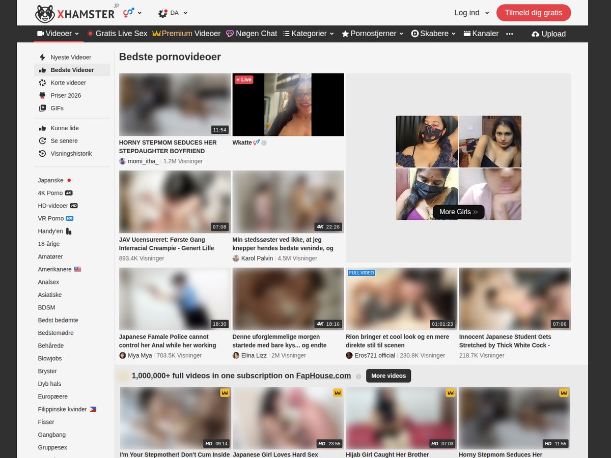Videolisten Bedste Videoer på dansk xHamster med menu og slørede miniaturer